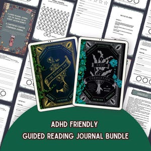 May include: A digital bundle of guided reading journal pages for Robert Jackson Bennett books, featuring two book covers titled The Tainted Cup and A Drop of Corruption, alongside various printable worksheets with chapter trackers and character lists.