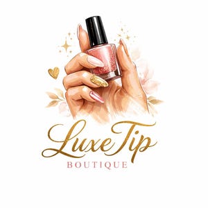 May include: A hand holding a bottle of pink glitter nail polish with manicured nails featuring gold and pink tones. The illustration includes a gold heart, sparkling star accents, and soft floral elements with the text LuxeTip BOUTIQUE.