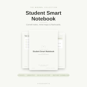 May include: A digital Student Smart Notebook from The Minimal Collection featuring Cornell notes, mind maps, and flashcards. The document includes 9 pages, is undated, and is available in A4 and US Letter sizes for instant download by Visuosofts.