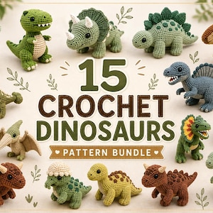 Könnte beinhalten: Eine Sammlung von 15 gehäkelten Dinosaurierfiguren in verschiedenen Grün- und Brauntönen, die verschiedene Arten wie Triceratops, Stegosaurus und Pterodaktylus darstellen, mit dem Text 15 CROCHET DINOSAURS PATTERN BUNDLE in der Mitte.