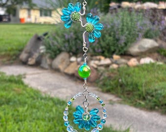 Handmade teal and green flower crystal suncatcher with prism, Floral window hanging, Mini buds