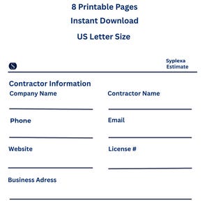Könnte beinhalten: Ein Auftragnehmer-Kostenvoranschlag-Set mit 8 druckbaren Seiten im US-Letter-Format. Das Dokument zeigt dunkelblauen Text auf weißem Hintergrund mit Feldern für Auftragnehmerinformationen, Firmenname, Telefon, E-Mail, Website, Lizenznummer und Geschäftsadresse.