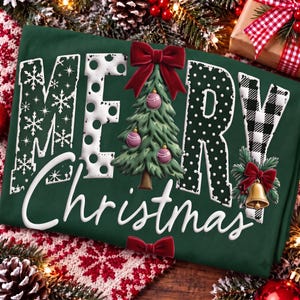 May include: A dark green fabric featuring the text MERRY CHRISTMAS in white. The letter E is replaced by a green Christmas tree with pink ornaments and a red bow. The letters M, R, and Y feature snowflake, polka dot, and buffalo plaid patterns.
