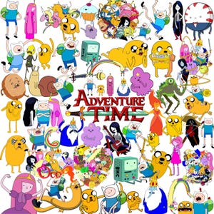 May include: A collection of Adventure Time character stickers featuring Finn, Jake, Princess Bubblegum, Marceline, BMO, and the Ice King. The central graphic displays the Adventure Time logo with a sword. Various colorful cartoon figures are arranged.