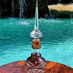 Vintage Bohemian Crystal Decanter: Amber, Ruby, Floral Cut-to-Clear (17" Tall)