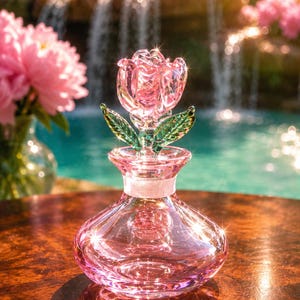 May include: A clear pink glass perfume bottle with a rounded base and a stopper shaped like a blooming rose. The rose features translucent pink petals and two textured green glass leaves extending from the base of the flower head.