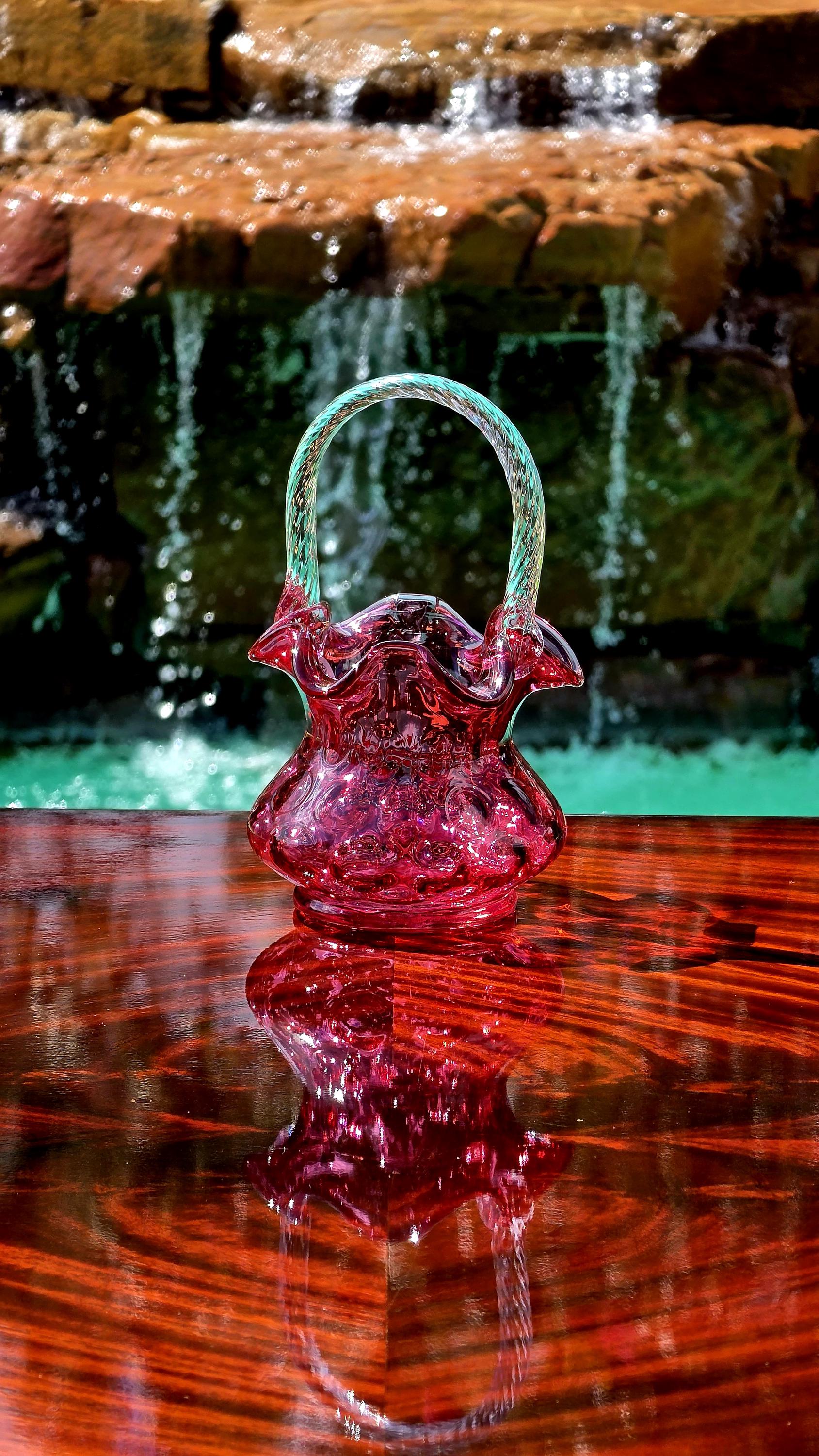 フェントン　フリルバスケット(花柄) Pink Fenton Glass Basket - Etsy
