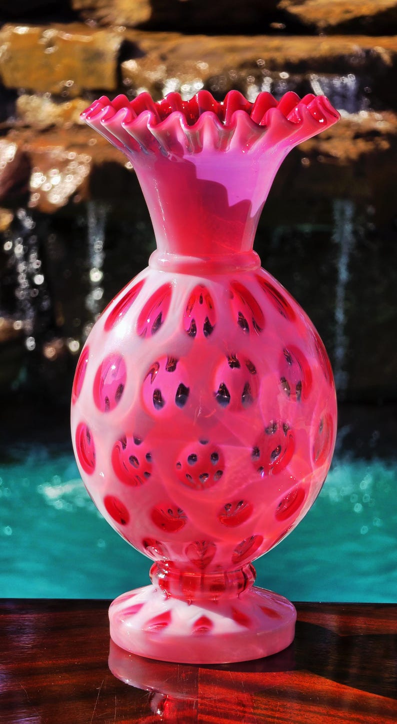 Circle Ruffle Pattern Fenton Cranberry Opalescent Coin Spot Art Glass Vase β Ruffled Rim ...