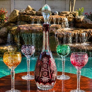 Vintage Nachtmann Ruby Crystal Decanter & 4 Wine Glasses