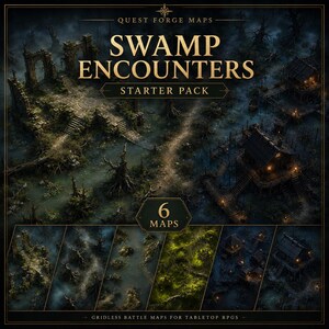 May include: A digital product titled Quest Forge Maps Swamp Encounters Starter Pack featuring six gridless battle maps for tabletop RPGs. The image displays dark, atmospheric swamp environments with stone ruins, wooden huts, and murky water.