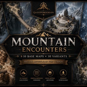Peut inclure: Une collection numérique intitulée Mountain Encounters comprenant 10 cartes de base et 10 variantes pour jeux de rôle sur table. L'illustration présente divers paysages de montagne très détaillés, incluant des structures en pierre et des ponts.