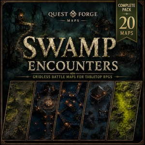 May include: A digital collection of 20 gridless battle maps titled Swamp Encounters by Quest Forge Maps. The cover features dark, atmospheric swamp imagery with wooden structures, glowing lights, and five distinct map previews below the text.