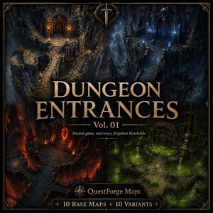 May include: A digital collection titled Dungeon Entrances Vol. 01 featuring four distinct fantasy map illustrations. The images display stone gateways, stairways, and thresholds in orange, blue, red, and green color palettes with text overlays.