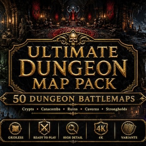 Peut inclure: Une collection numérique intitulée Ultimate Dungeon Map Pack comprenant 50 cartes de combat de donjon, incluant cryptes, catacombes, ruines, cavernes et forteresses. Le graphique affiche du texte et des icônes pour gridless, ready to play, high detail, 4K et variants.