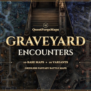 Peut inclure: Une collection numérique de cartes de combat fantastiques sans grille intitulée QuestForgeMaps Graveyard Encounters, comprenant 10 cartes de base et 10 variantes. L'image montre des vues aériennes sombres et détaillées de cimetières.
