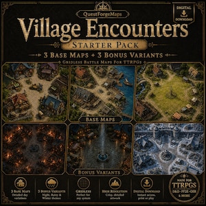 May include: A digital download pack titled Village Encounters Starter Pack featuring three base maps and three bonus variants. The gridless battle maps for TTRPGs display detailed village scenes in day, night, rainy, and winter themes.