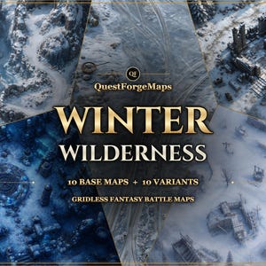 Peut inclure: Une collection de cartes de combat numériques intitulée QuestForgeMaps Winter Wilderness, comprenant 10 cartes de base et 10 variantes. L'imagerie présente des paysages enneigés, des terrains glacés, des ruines en pierre et des structures gelées.