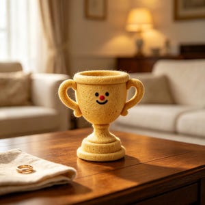 Può includere: Una coppa trofeo in feltro giallo con due manici, caratterizzata da un piccolo naso circolare rosso e un sorriso cucito in nero sulla parte anteriore. Il trofeo ha una superficie testurizzata e soffice e poggia su una base circolare a gradini.