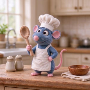 May include: A felted blue mouse figurine wearing a white chef hat and a white apron. The mouse has pink ears, a pink nose, and a pink tail. It is holding a small wooden spoon in its right hand. The figure has large eyes and a smiling expression.