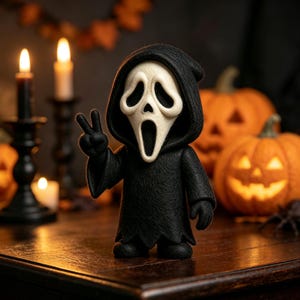 May include: A small figurine of a character wearing a black hooded robe and a white mask with an elongated mouth and eye openings. The figure is making a peace sign with one hand. The texture of the robe appears soft and fabric-like.