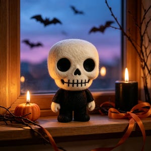 May include: A needle-felted skull figurine with a large white head, black eye sockets, and a stitched mouth, wearing a solid black body. The figure stands on a wooden ledge next to a small orange pumpkin, a black pillar candle, and orange ribbon.