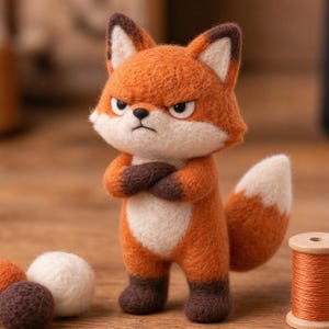 Pode incluir: Uma figura de raposa em feltro com pelo laranja e branco, orelhas e patas castanho-escuras. A raposa tem uma expressão facial rabugenta com as sobrancelhas franzidas e os braços cruzados sobre o peito e uma cauda felpuda.