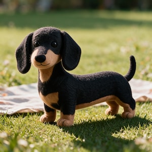 Puede incluir: Una figura de perro salchicha hecha de fieltro con un pelaje negro y marcas de color canela en el hocico, el pecho y las patas. El perro de peluche tiene ojos grandes, oscuros y redondos, una nariz negra pequeña y orejas largas y caídas.