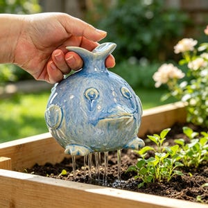 Puede incluir: Un globo de riego de cerámica azul claro con forma de pez estilizado y acabado brillante. El objeto presenta una amplia abertura superior, dos aletas laterales y una base plana con pequeños orificios que liberan agua sobre el suelo.