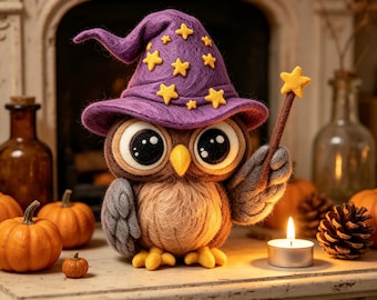 Handmade Wool Felt Wizard Owl Figurine Holding Star Magic Wand, Halloween Desk Ornament