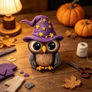 Pode incluir: Uma figura de coruja em lã feltrada usando um chapéu de feiticeiro roxo decorado com estrelas de feltro amarelas. A coruja tem olhos pretos grandes, um bico amarelo e penas castanhas e cinzentas. É feita de lã e tem um aspeto suave.