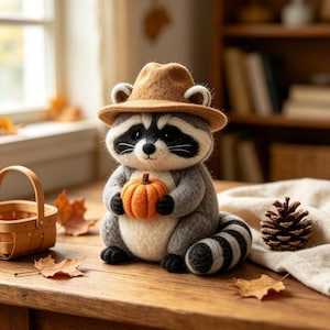 Puede incluir: Una figura de mapache de lana fieltrada con un sombrero de fieltro color canela que sostiene una pequeña calabaza naranja. El mapache tiene pelaje gris y blanco, una máscara negra alrededor de los ojos y una cola rayada de textura suave.