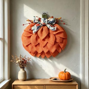 May include: A wall-mounted pumpkin-shaped decoration crafted from layered orange burlap petals. It features a decorative bow with a blue and orange leaf pattern at the top, accented by thin stems with small red and yellow berries on each side.