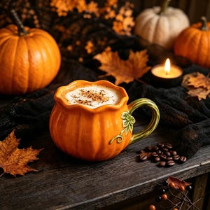 Peut inclure: Une tasse en céramique en forme de citrouille avec une finition orange brillante, un bord festonné et une anse verte ornée d'une feuille et d'une tige sculptées. La tasse contient une boisson mousseuse saupoudrée d'une épice brune.