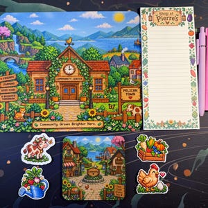 Peut inclure: Un tapis de bureau rectangulaire avec un centre communautaire en pixel art, un bloc-notes ligné intitulé Shop at Pierre's, deux stylos rose clair, un dessous de verre carré et quatre autocollants représentant une vache, un panier de légumes, un poulet et un arrosoir.