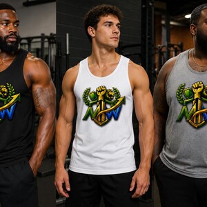 May include: Three sleeveless tank tops in black, white, and heather grey, each featuring a central graphic emblem. The design displays a gold raised fist, a lion head, a green shield, and the letters MW in green and blue with a gold arrow.