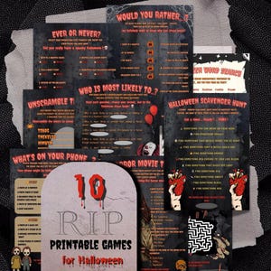 Puede incluir: Una colección de diez hojas de juegos imprimibles de Halloween con fondos oscuros y texto en rojo y blanco. Los títulos incluyen Would You Rather, Ever or Never, Who Is Most Likely To, Halloween Scavenger Hunt y What's On Your Phone.