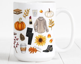 Fall Collage Mug Illustration Drawing Cute Fall Mug Outfit Collage Illustration Mug Gift for Friend Coffee Lover Gift Ideas Mug Tea Fall Art
