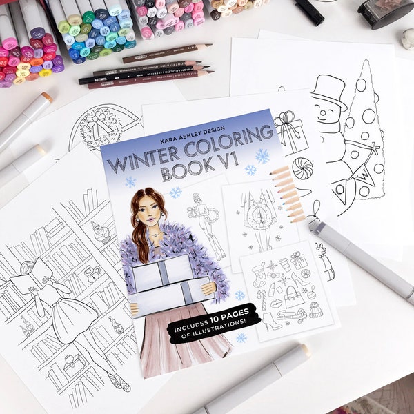 Winter kleurboek digitale download om af te drukken kleurboek digitaal gebruik Procreate Doodle Art Winter esthetische tekening mode meisje overzicht