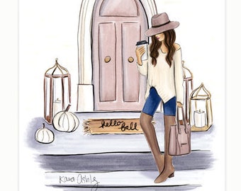 Hello Fall Porch Girl - Art Print