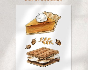 Fall Foods Art Print Pumpkin Pie Download Home Decor for Autumn S'mores Fall Artwork