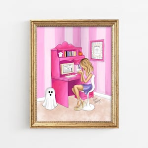 Spooky Girl Next Door Art Y2K Wall Art Poster Pink 2000s Fashion Girl Spooky Art Print Fashion Illustration for Home Office Decor
