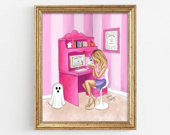 Spooky Girl Next Door - Art Print Fashion Illustration for Pink Home / Office Decor