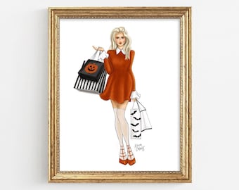 Halloween Art Print Fashion Illustration Shopping Girl Drawing Artwork Clueless Code Orange Illustration Gift for Fall Fashion Girl Drawing
