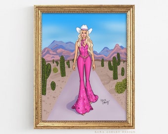 Barbie Art Print Cowgirl Fashion Illustration Barbiecore Pink Desert Poster Fashion Girl Drawing Gift for Best Friend Sister Gift