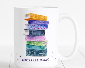 Book Lover Gift Mug Illustration Stack of Books Magic Drawing Fantasy Reader Gift for Friend Classic Book Stack Gift Ideas Literary