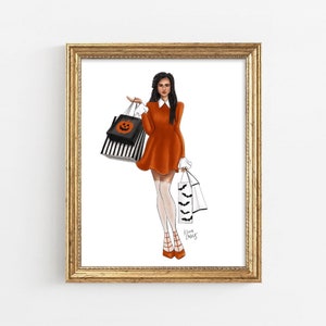 May include: A woman in a burnt orange dress with black and white striped shopping bags. One bag has a pumpkin face on it and the other has bats. The woman is wearing white tights and black heels.