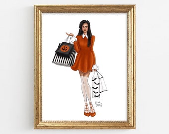 Black Fashion Girl Art Print Halloween Drawing Clueless Code Orange Art Print Fashion Illustration Fall Aesthetic Cute Halloween Gift Art