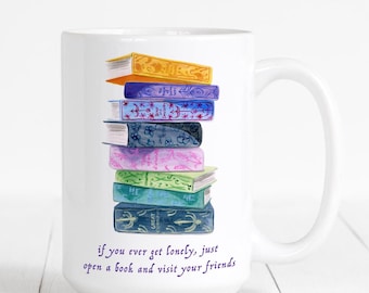 Nostalgic Book Lover Gift Mug Illustration Stack of Books Mug Gift for Reader Classic Book Stack Gift Ideas Literary Mug Heartwarming Quote
