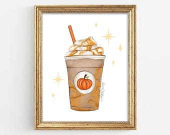 Coffee Art Print Pumpkin Spice Poster Fall Art Print Pumpkin Coffee Drink Illustration Halloween Painting Sketch for Dorm Coffee Lover
