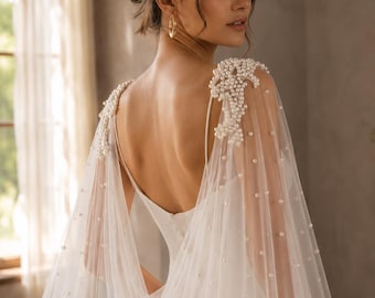 Pearl Bridal Cape Veil, Long Cathedral Wedding Cape with Beaded Shoulders, Detachable Tulle Wedding Dress Train